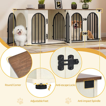88.4" Dog Crate Furniture for 2 Dogs, Heavy Duty Indoor Dog Kennel TV Stand, XXL Wooden Dog Cage with Divider for Medium Large Dogs, End Table Dog Crate with Cushion, Greige Black DFC84005BV1