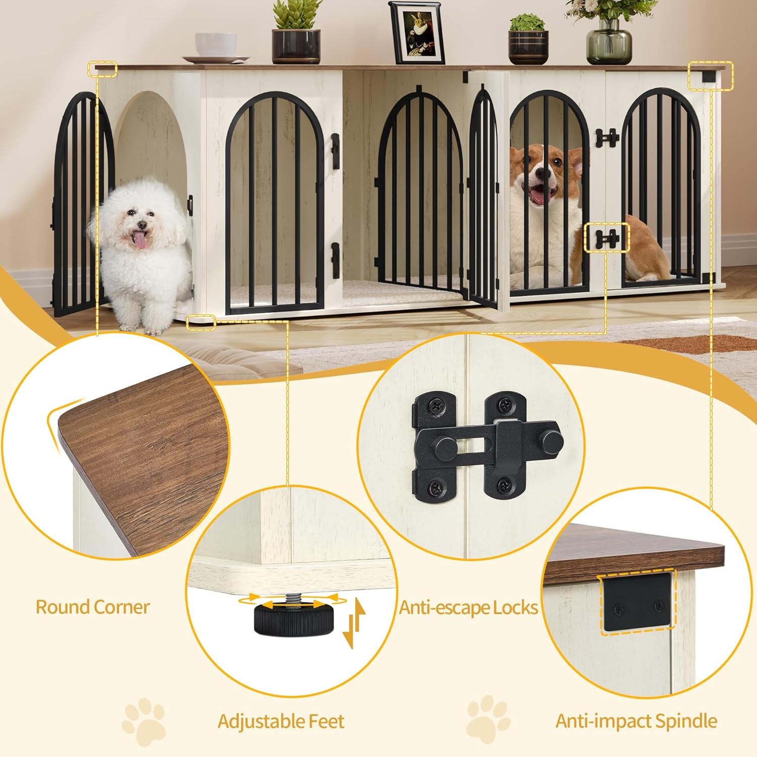 63" Dog Crate Furniture for 2 Dogs, Heavy Duty Indoor Dog Kennel TV Stand, L Wooden Dog Cage with Divider for Medium Large Dogs, End Table Dog Crate with Cushion, Rustic Brown DFC80901B