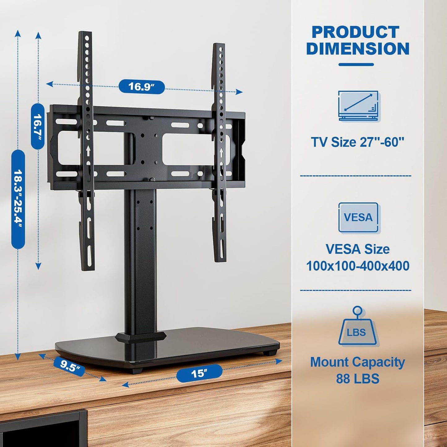 Universal TV Stand for 27-60 Inch Tvs with Swivel Mount, Height Adjustable Table Top TV Stand Mount, Heavy Duty Tempered Glass Base, TV Pedestal Stand Holds up to 88 Lbs, VESA 400X400Mm