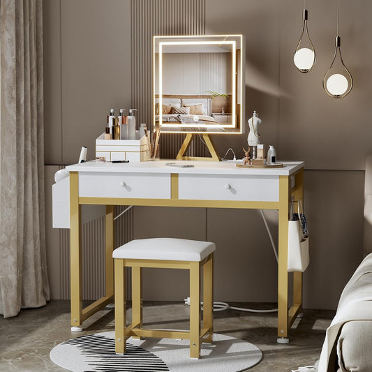Small Makeup Vanity Desk with Mirror and Light, 32 Inch White Vanity Desks Sets with Fabric Drawers for Girls Teen, Dressing Table and Chair Set with Power Outlet for Bedroom, White Gold