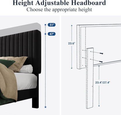 Queen Bed Frame, Velvet Upholstered Platform Bed with Vertical Channel Tufted Headboard, Mattress Foundation with Strong Wooden Slats, Box Spring Optional, Easy Assembly, Black