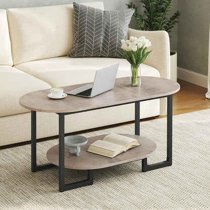 Coffee Table for Living Room, Oval Small Coffee Table with 2-Tier Open Storage Shelf, Industrial Cocktail Tea Table, Wooden Desktop Center Table, Farmhouse, Home Office, Greige BG09KF01