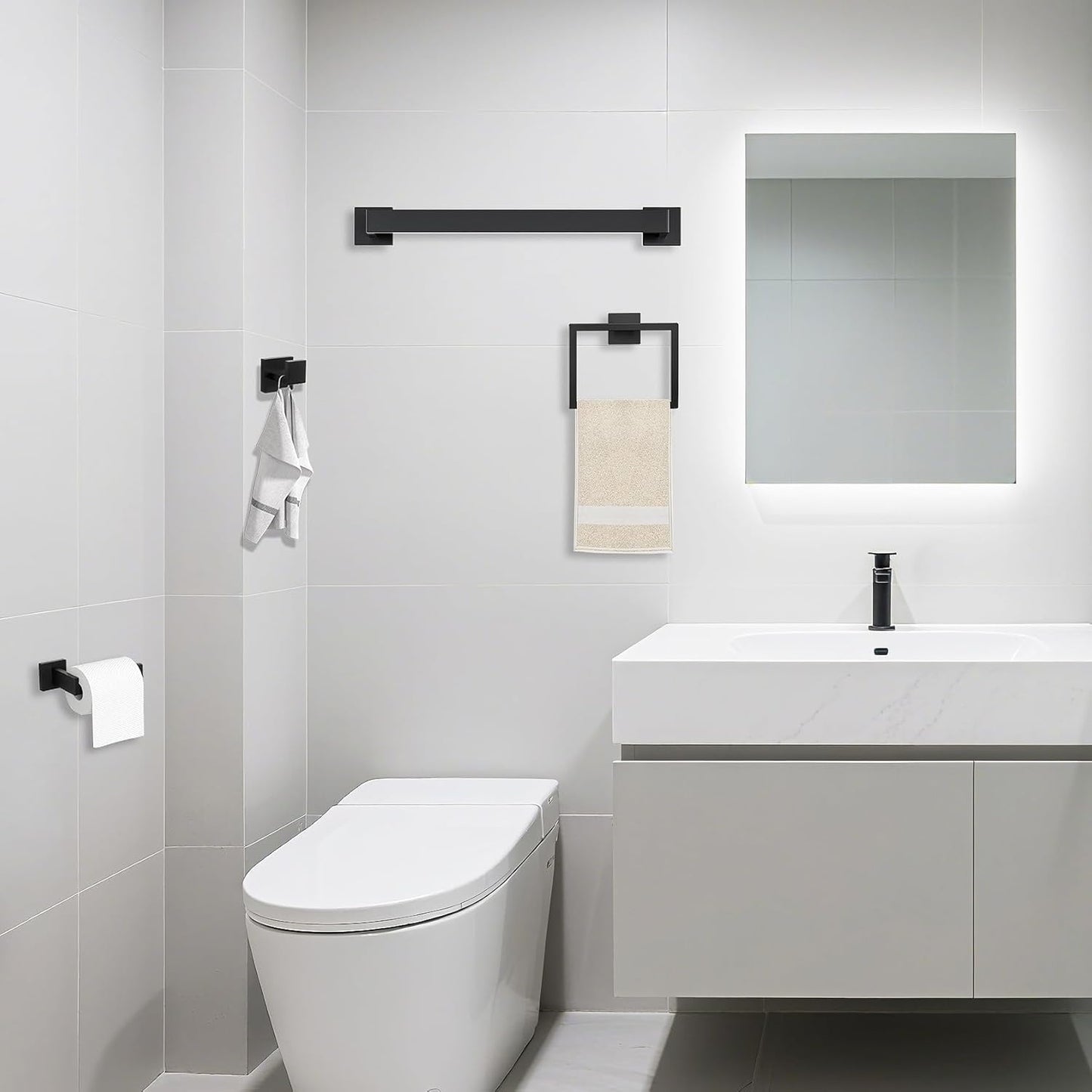 5 Piece Bathroom Towel Bar Set - SUS304 Stainless Steel Bath Towel Holder, 15.7 Inch Towel Racks for Bathroom Wall Mounted, Bathroom Hardware Accessories Set - Matte Black