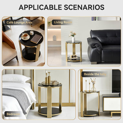 Round Living Room Table Set of 3 Include 1 Coffee Table and 2 End Tables, Black Tempered Glass Top, Sturdy Steel Frame, Gold Finish & Lower Shelf, Black Gold Coffee End Table Set for Living Room