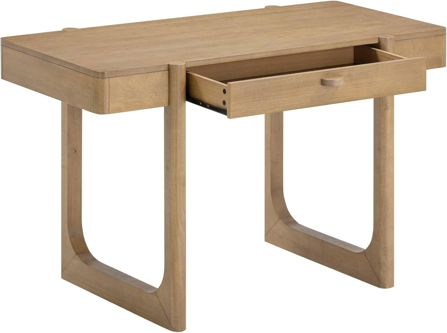 Haley Mid Century Modern Home Office Desk, Solid Wood Writing Desk with Drawer and Rounded Legs, Light Brown