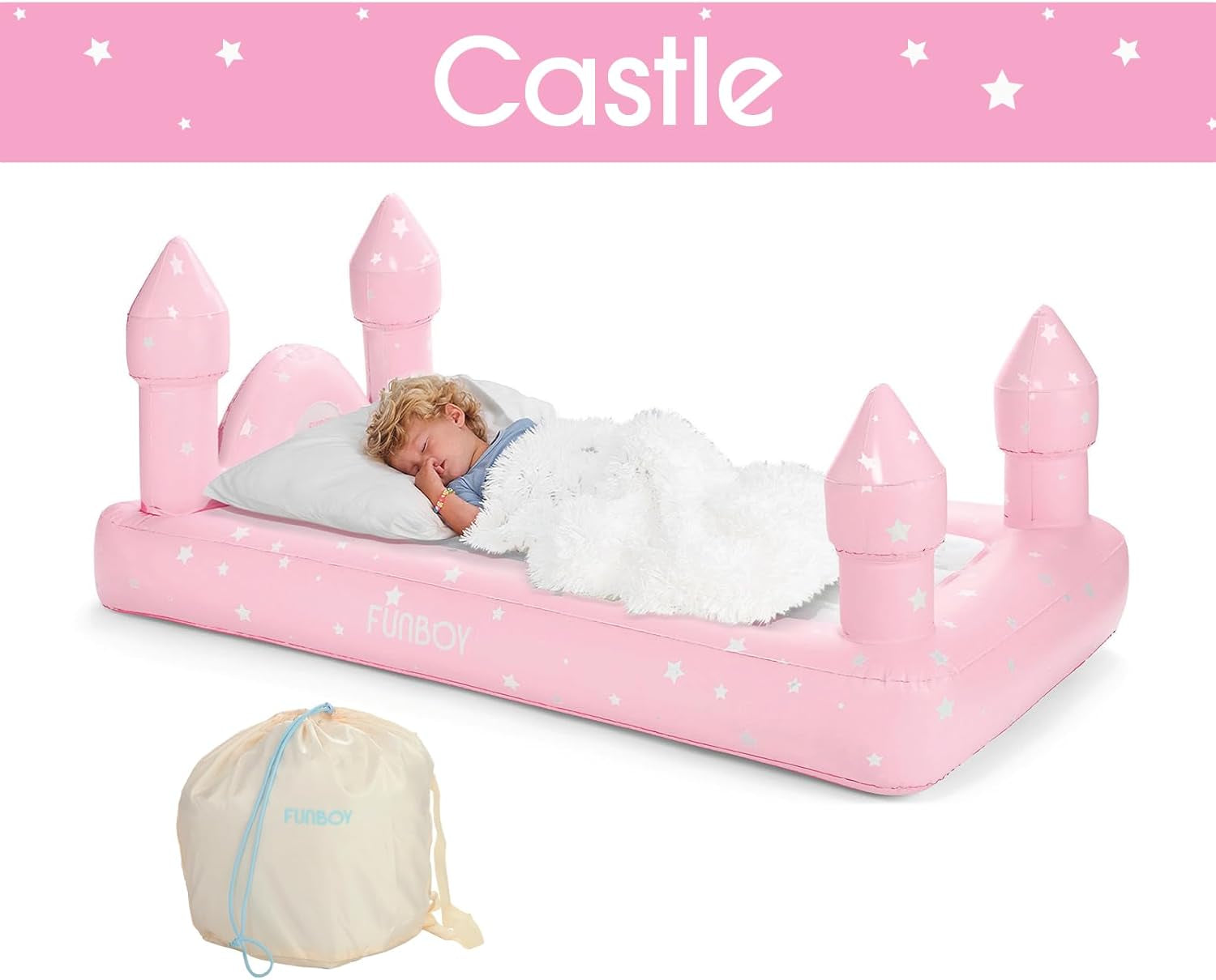 Kids Pink Castle Sleepover Travel Bed & Air Mattress. Perfect for Sleepovers. Includes Carrying Storage Bag, Twin