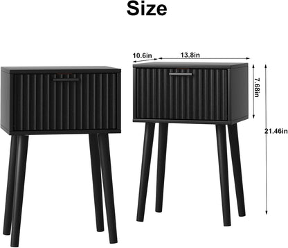 Nightstands Set of 2, Small Side Table, Bedside Table with Fluted Door, Solid Wood Feet, Modern Mid-Century End Table for Bedroom, Small Space, Black