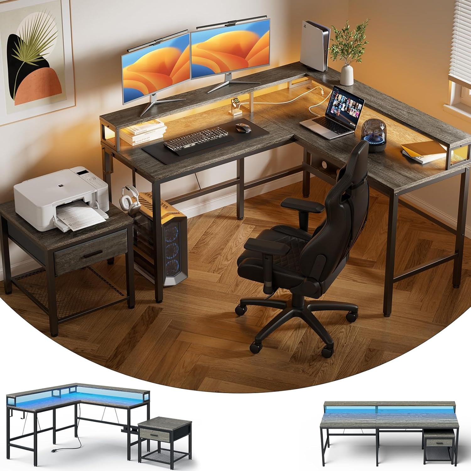 L Shaped Gaming Desk with Monitor Riser & Printer Stand, Home Office Corner Desk with Power Outlets & LED Light, Ergonomic Gaming Desk with Cable Management Tray, Hooks, Rustic Brown