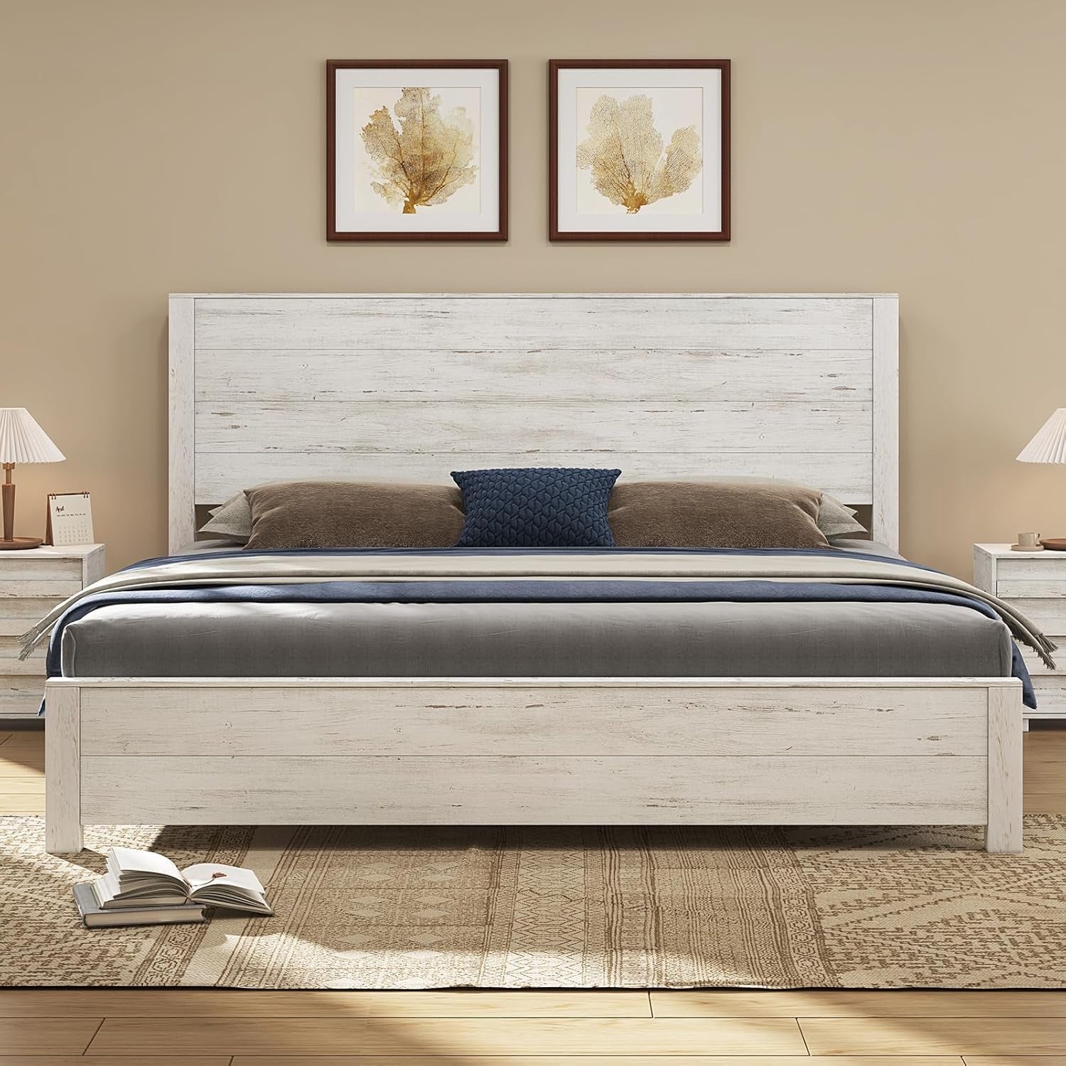 51.2" H Wood Bed Frame with Headboard, King Platform Bed Frame with Wooden Slat Support, No Box Spring Needed/Easy Assembly, Rustic Pine, Distressed White