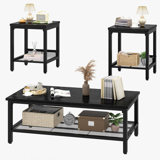 3-Piece Living Room Coffee Table Set, Industrial Coffee Table with 2 Square End Side Tables, Modern Living Room Table Set with Metal Frame for Apartment Home Office (Black)