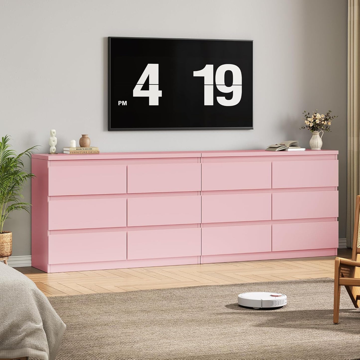 Modern Pink 6 Drawer Dresser - Simply Chest of Drawers for Bedroom, Closet, Living Room, Hallway, Entryway, Wood Storage Double Dresser with Smooth Metal Rails - Pink