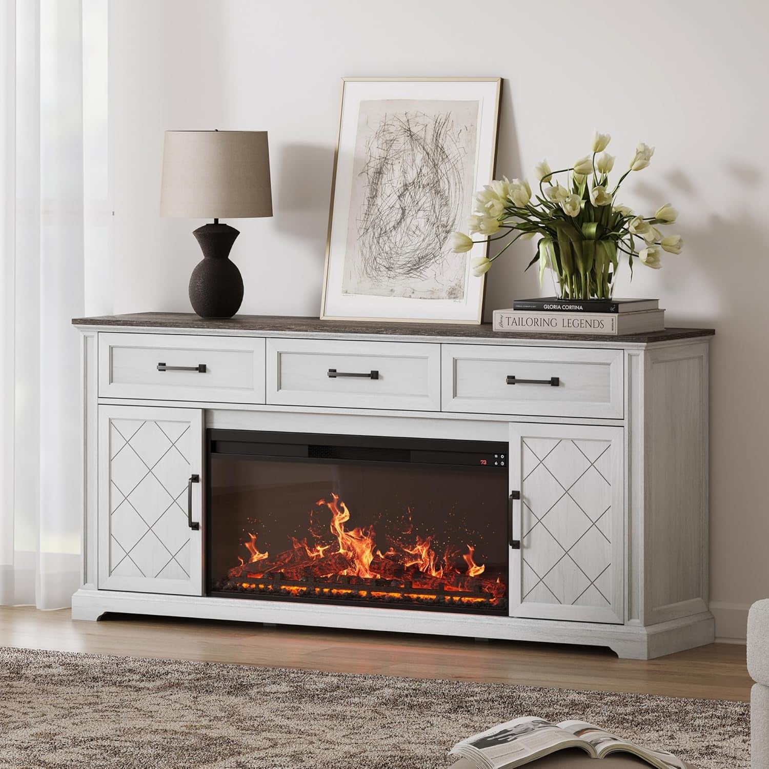 68" Farmhouse TV Stand with Electric Fireplace & Crackling Sound, Media Console with Storage Cabinets & 3 Drawers for Tvs up to 75", Rustic Entertainment Center for Living Room(White)