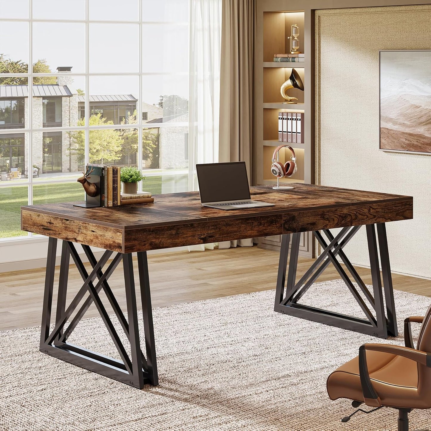 63-Inch Executive Desk, Farmhouse Office Computer Desk with Sturdy X-Shaped Legs, Large Writing Table Business Furniture Workstation for Home Office, Study (Rustic Brown & Black)