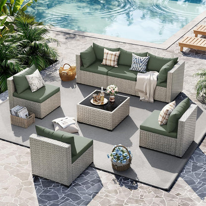 Outdoor Patio Furniture Set, 7-Piece PE Wicker Sectional Sofa with Tea Table, Outdoor Conversation Set for Patio, Garden, Backyard Green