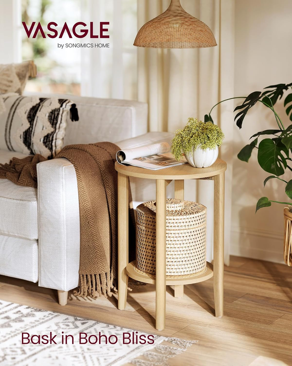 round Side End Table, 2-Tier Boho Bedside Table with Rattan-Look Storage Shelf, Nightstand for Small Spaces, for Living Room, Bedroom, Home Office, Oak Beige ULET296Y01