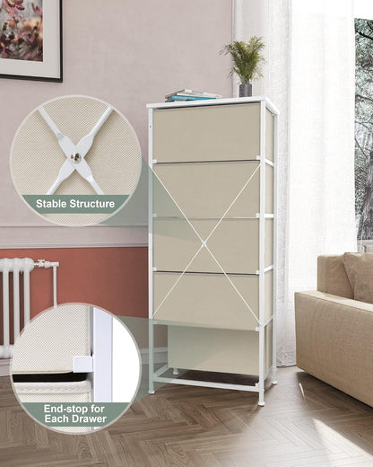 Vertical Dresser Storage Tower - Sturdy Steel Frame, Wood Top, Easy Pull Fabric Bins - Organizer Unit for Bedroom, Hallway, Entryway, Closets - 5 Drawers(Beige)
