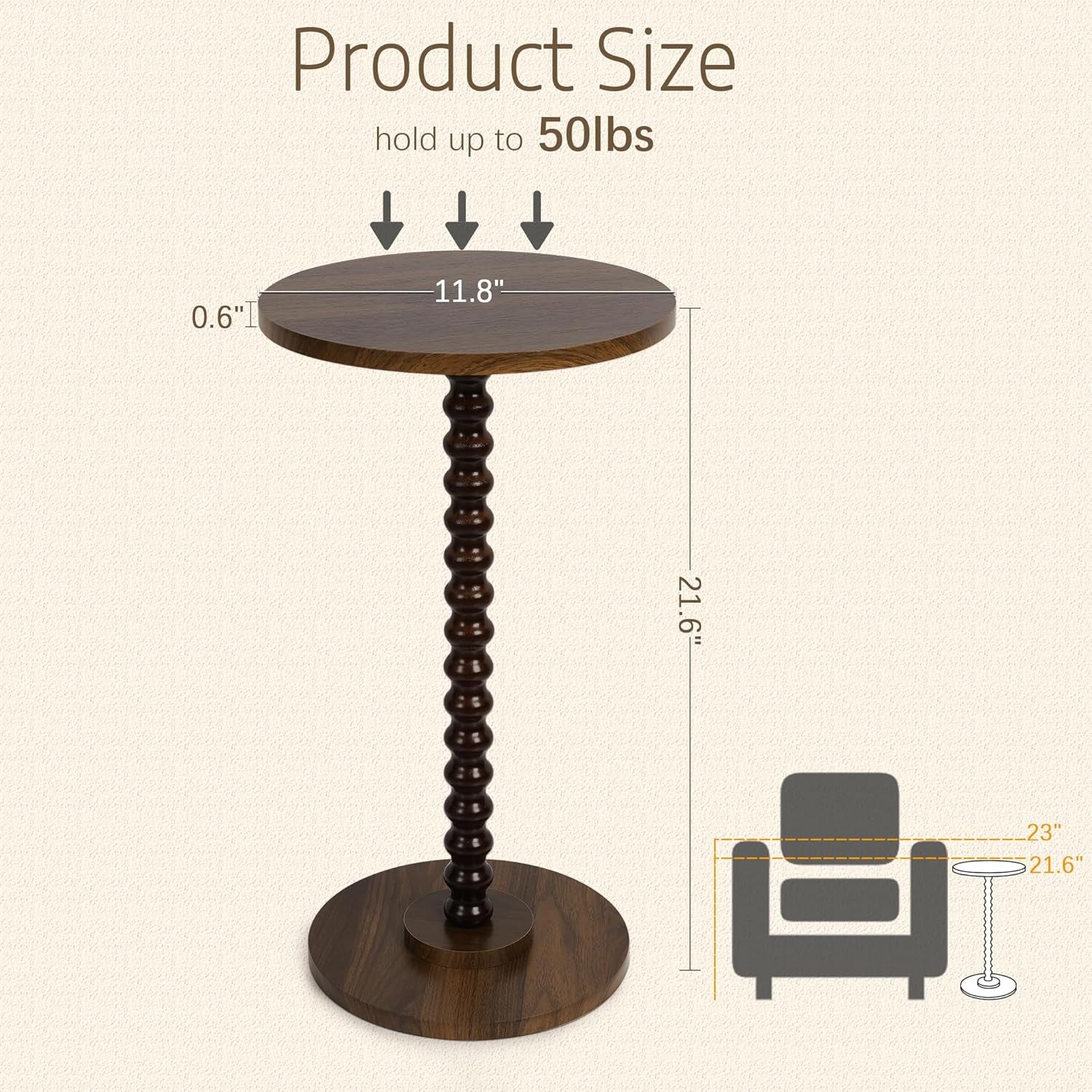 Round Side Table, Small End Table for Small Space, Modern Accent Table with Solid Wood Leg, Easy Assembly for Living Room, Bedroom, Corners, and Office (Rustic Brown)