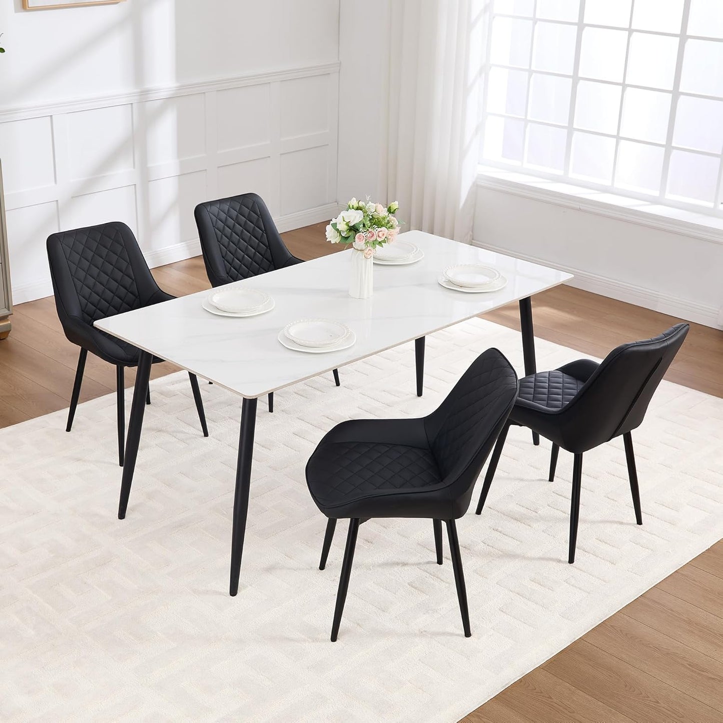 Dining Chair Set of 4, Modern Dining Chairs with Thick Cushions, Faux Leather Upholstered Kitchen Dining Room Chairs with Metal Adjustable Legs for Dining Living Room, Black