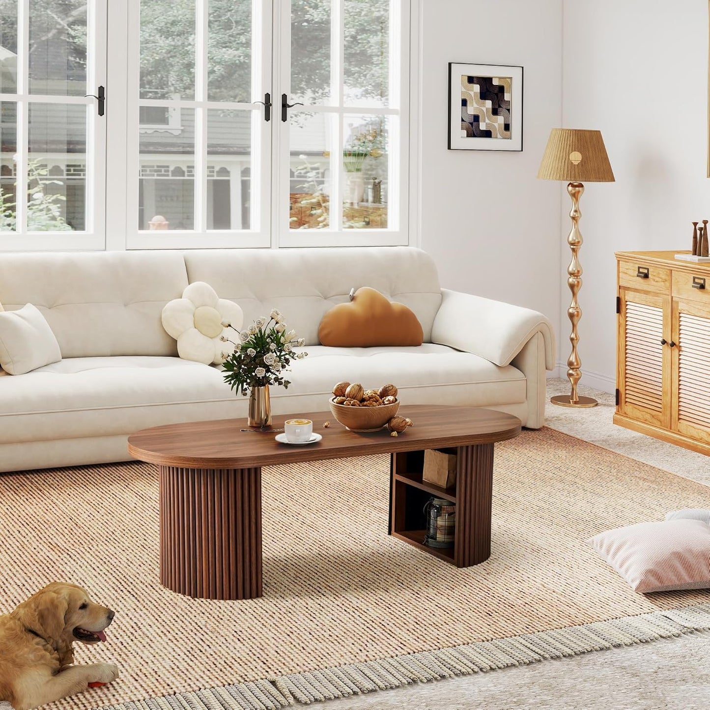 Oval Fluted Coffee Table, 47" Farmhouse Wood Coffee Table Mid Century Modern Center Table Boho Living Room Tables for Living Room Office,Walnut