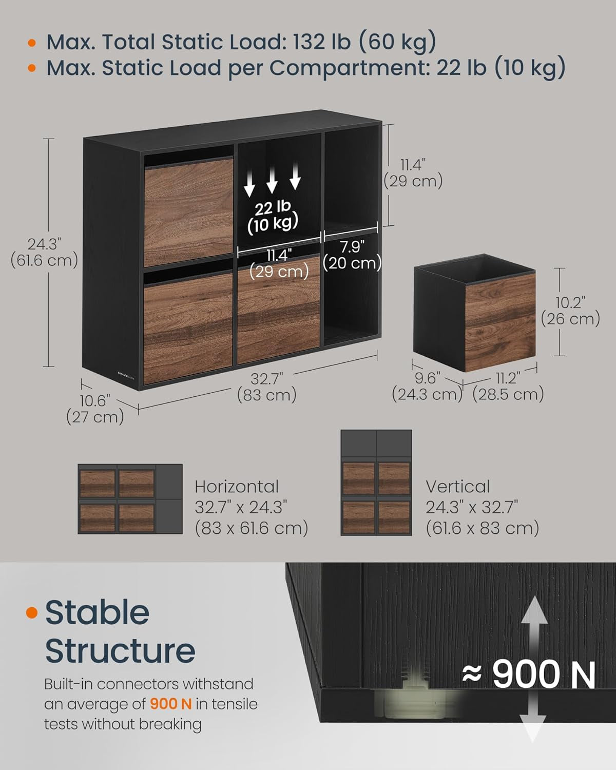 HOME Bookshelf, Superfast Toolless Assembly, Cube Storage Organizer with 6 Compartments, Bookcase, 4 Fabric Drawers, 10.6 X 32.7 X 24.3 Inches, Natural Walnut and Ebony Black ULBC196B01