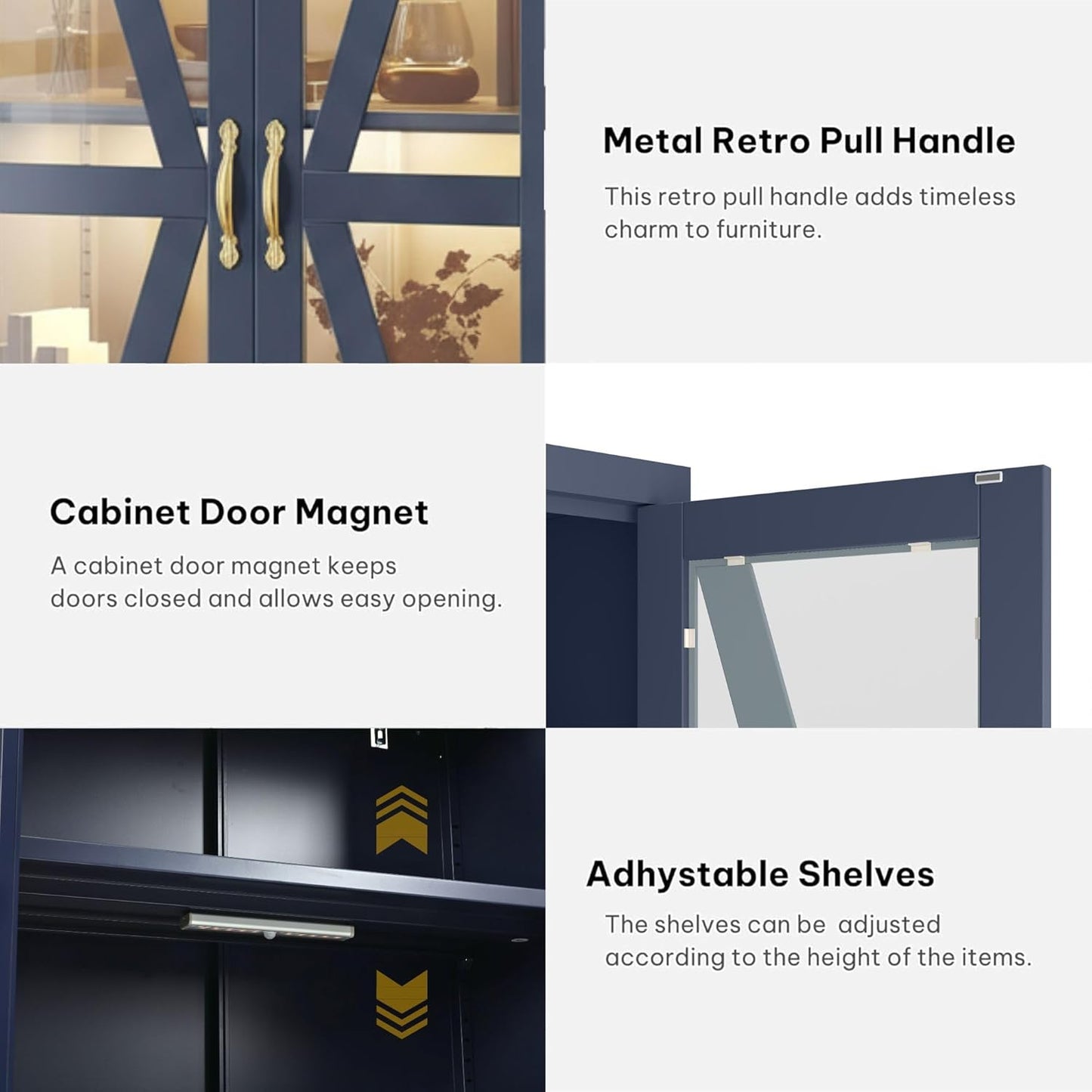 Display Cabinet with LED Lights, 61" Metal Display Case with Glass Barn Doors for Collectibles, Organizer Cabinet with 3 Adjustable Shelves and Drawer for Living Bedroom, Office, Navy Blue