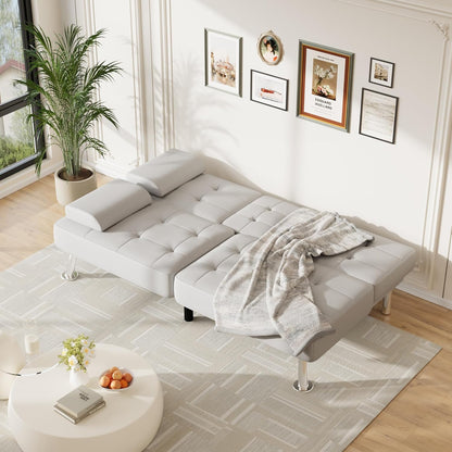 Futon Sofa Bed Adjustable Futon Couch Sleeper Sofa Bed for Living Room, Business Office, Recliner Sofas with Cup Holders (PU Leather, White)