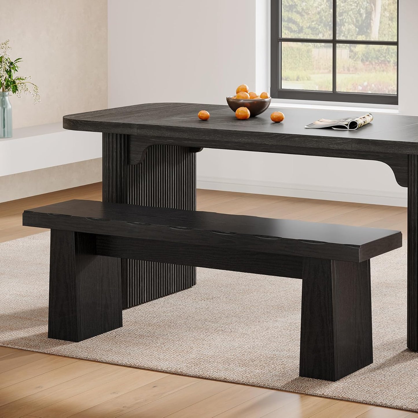 Wooden Dining Bench, 47-Inch Long Kitchen Bench with Sturdy Frame for Dining Room, Entryway, Living Room, Hallway, Easy Assembly (Black)