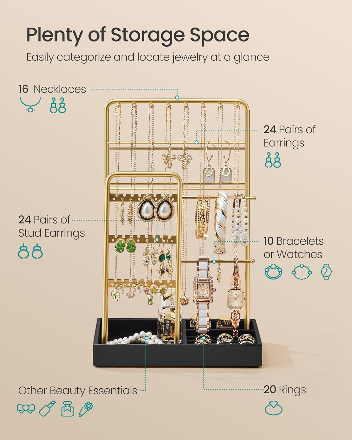 Jewelry Holder, Jewelry Organizer Display Stand with Metal Frame, Velvet Tray, Necklace Earring Bracelet Holder, for Studs, Rings, Gift Idea, Pale Gold and Ink Black UJJS021AB02