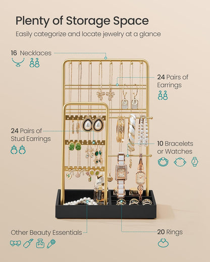 Jewelry Holder, Jewelry Organizer Display Stand with Metal Frame, Velvet Tray, Necklace Earring Bracelet Holder, for Studs, Rings, Gift Idea, Pale Gold and Ink Black UJJS021AB02