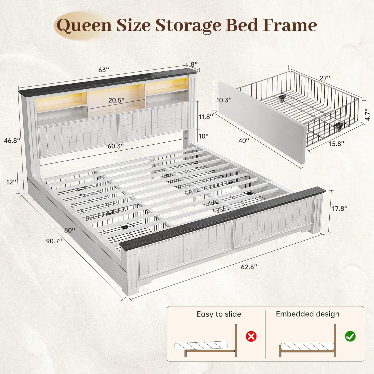 Queen Bed Frame with Headboard, Bed Frame Queen Size with 4 Drawers Charging Port & LED, Farmhouse Queen Bed Built in Charging Station,No Box Spring Needed,No Noise,White with Grain Marks