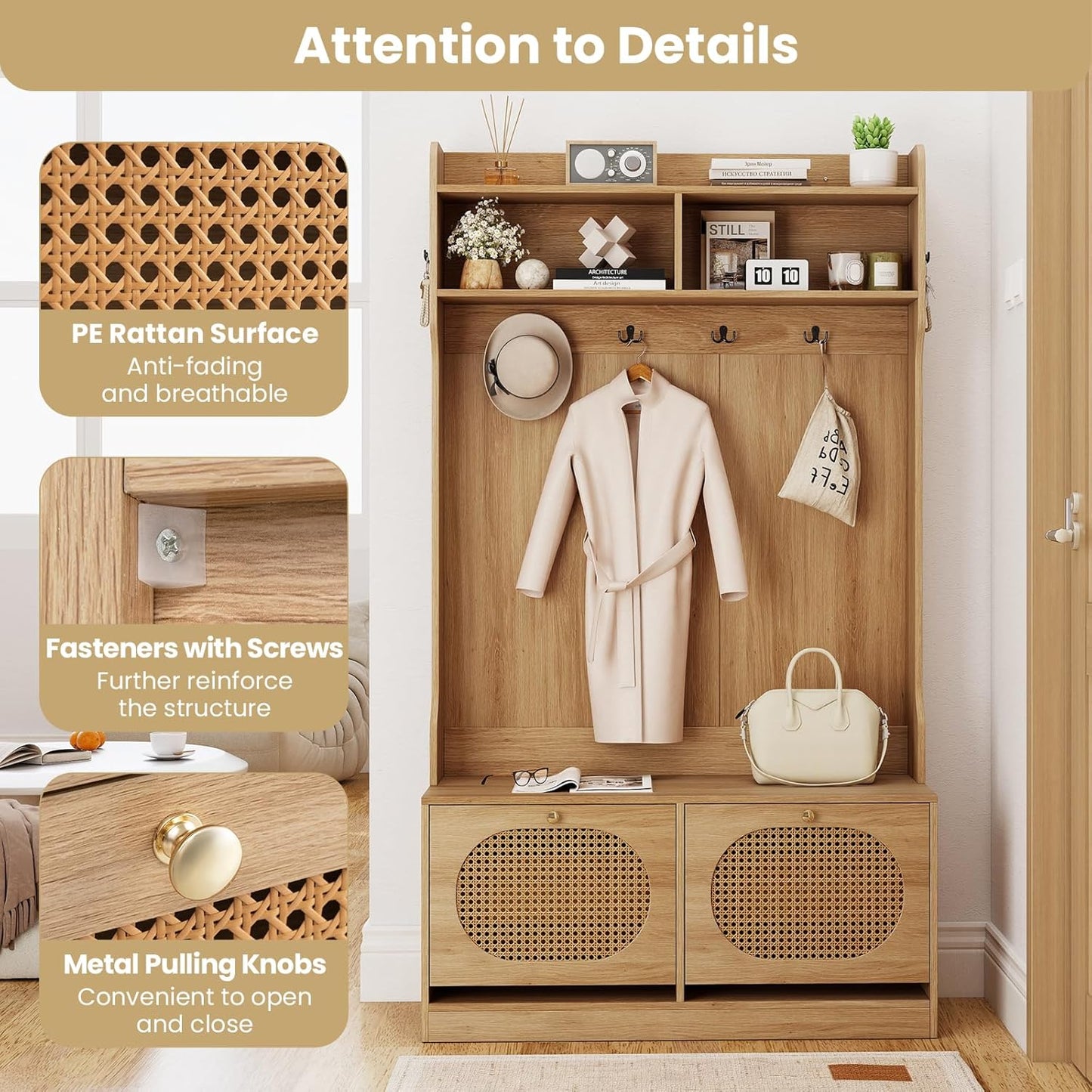 4-In-1 Hall Tree, Entryway Bench with Coat Rack & Flip Drawers, Farmhouse Storage Organizer with 6 Dual-Hook Hangers & PE Rattan Doors, Ideal for Entryway Living Room Mudroom (Natural)