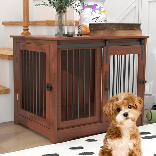 Solid Wood Dog Crate Furniture, Dog Kennel Indoor for Small Dogs with 2 Types Doors, Solid Wood Small Dog Crates Farmhouse Style, Dog Kennel Furniture for Dogs to Play & Rest