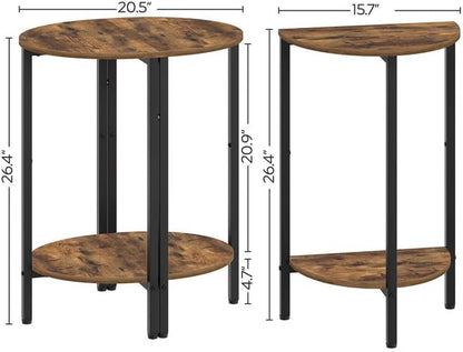 Side Table, Small End Table Set of 2, Half round Side Table, Half Moon Table, 2-Tier Narrow Sofa Table, Nightstand with Open Sheleves, Entryway Table for Living Room, Rustic Brown ET07L2BR