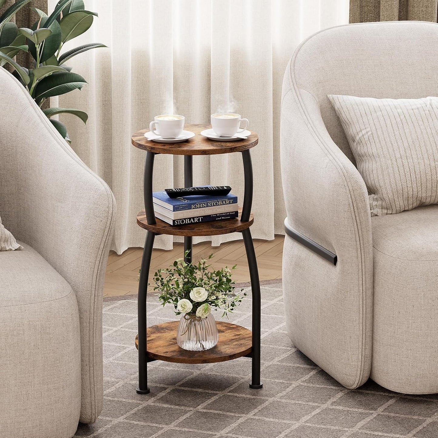 Small round Side Table, 3-Tier End Table with Storage Shelf, Slim Sofa Table Coffee Table, Sturdy & Easy Assemble Nightstand for Small Spaces, Living Room Bedroom Corner, Rustic Brown