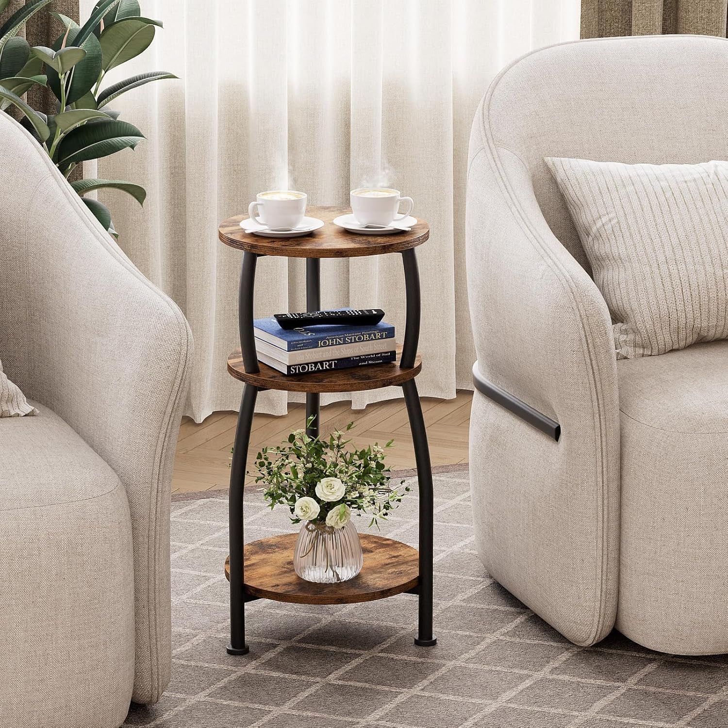 Small round Side Table, 3-Tier End Table with Storage Shelf, Slim Sofa Table Coffee Table, Sturdy & Easy Assemble Nightstand for Small Spaces, Living Room Bedroom Corner, Rustic Brown