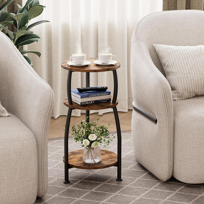 Small round Side Table, 3-Tier End Table with Storage Shelf, Slim Sofa Table Coffee Table, Sturdy & Easy Assemble Nightstand for Small Spaces, Living Room Bedroom Corner, Rustic Brown