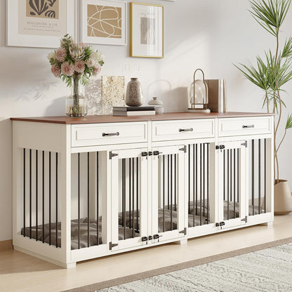 Dog Crate Furniture - Indoor Wooden Dog Kennel with 2 Dividers, 3 Drawers, and 3 Lockable Doors, 72"X23.6"X31.5"H, White