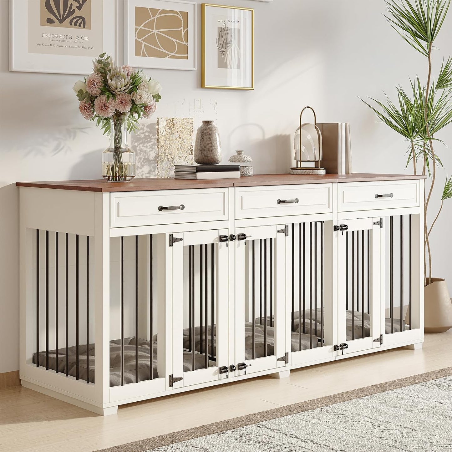 Dog Crate Furniture - Indoor Wooden Dog Kennel Furniture with 2 Dividers, 3 Drawers, and 3 Lockable Doors - 72"X23.6"X31.5"H, White