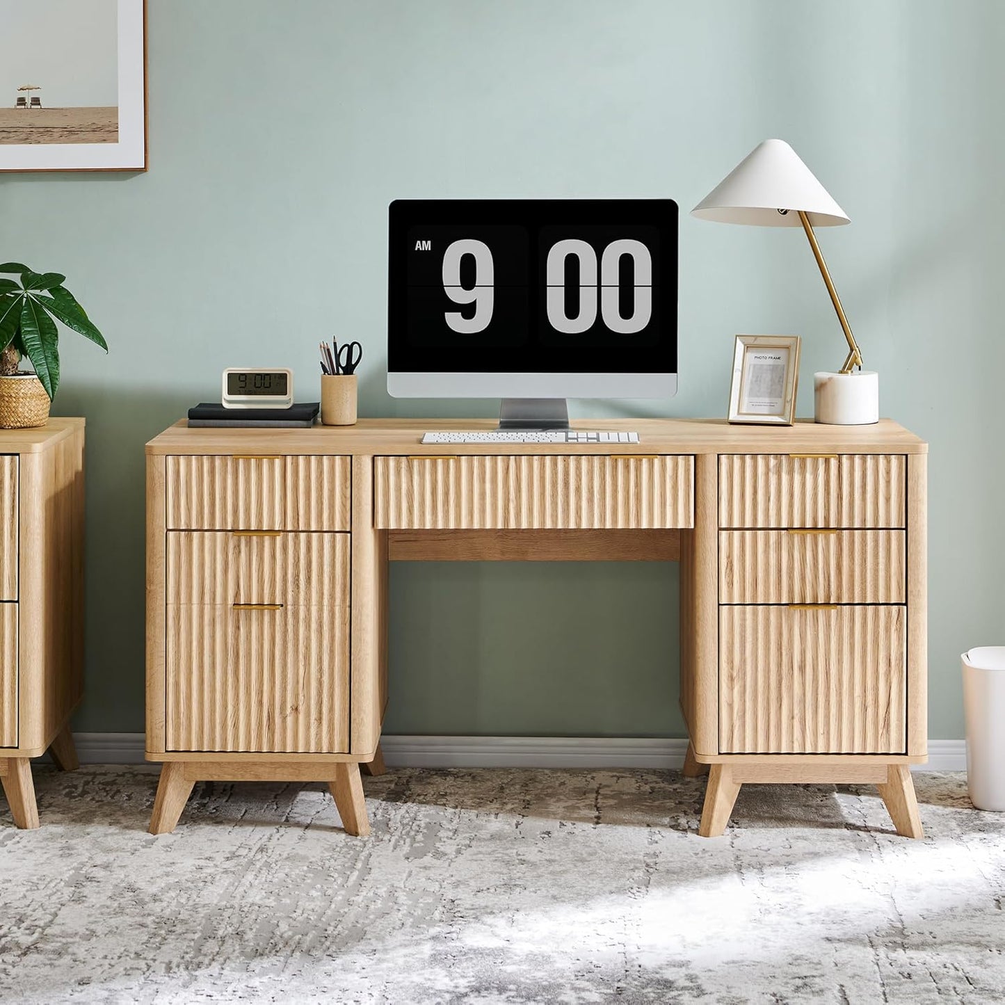 Fluted Executive Desk with Drawers, 60" Modern Home Office Computer Desk with Charging Station, File Cabinet, Keyboard Tray and Storage Cabinet for Study, Living Room, Bedroom, Natural Oak