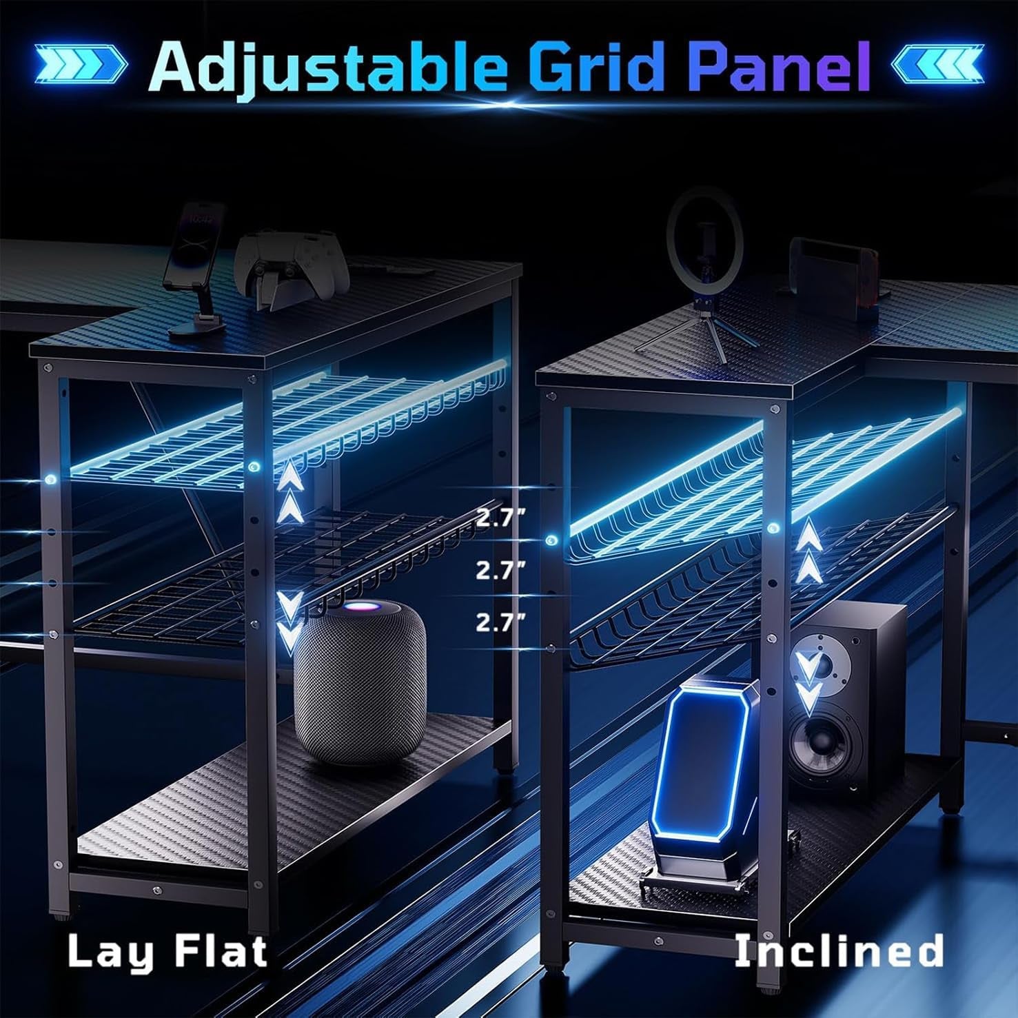 Gaming Desk with Power Outlets, 42" L-Shaped Computer Desk with LED Lights, Desk with Reversible Storage Shelves & Hooks for Small Spaces, Bedrooms & Offices, Black Carbon Fiber