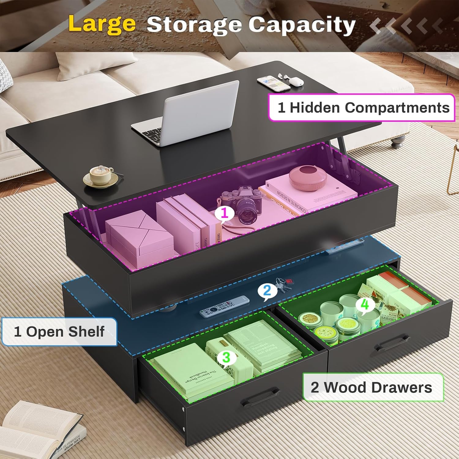 40" Lift Top Coffee Table, Coffee Tables with Storage for Living Room, Small Coffee Table with 2 Drawers & LED Light for Dining Reception Room, Black