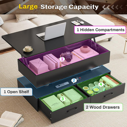 40" Lift Top Coffee Table, Coffee Tables with Storage for Living Room, Small Coffee Table with 2 Drawers & LED Light for Dining Reception Room, Black