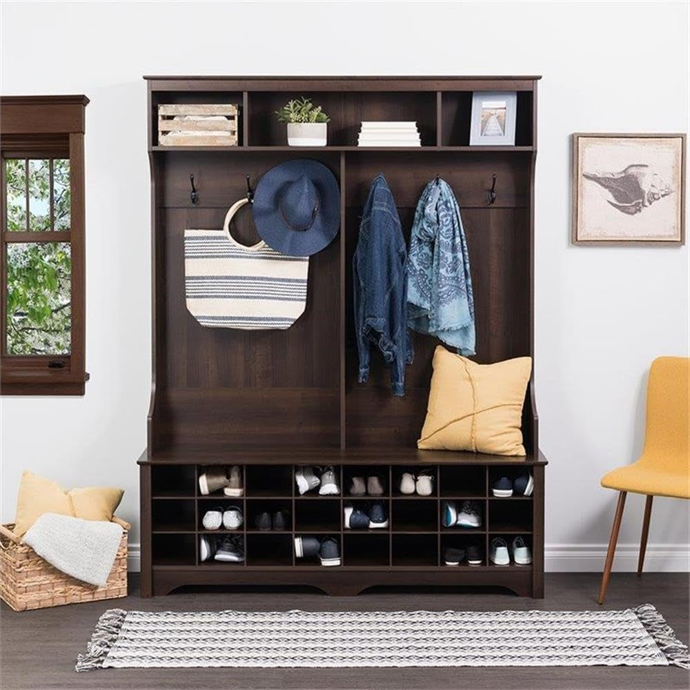 Brown Hall Tree, Shoe Cabinet, Storage Cabinet with 24 Shoe Cubbies and 6 Double Coat Hooks 15.5" D X 60" W X 77" H