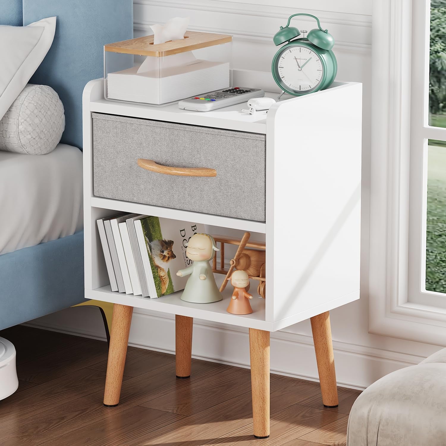 White Night Stand with Drawer, Mid Century Modern Bedside Table, Sturdy Wood Nightstand with Open Storage Shelf, Small Bedside Table for Bedroom, Kids Room & Small Spaces.