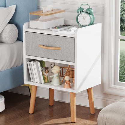 White Night Stand with Drawer, Mid Century Modern Bedside Table, Sturdy Wood Nightstand with Open Storage Shelf, Small Bedside Table for Bedroom, Kids Room & Small Spaces.