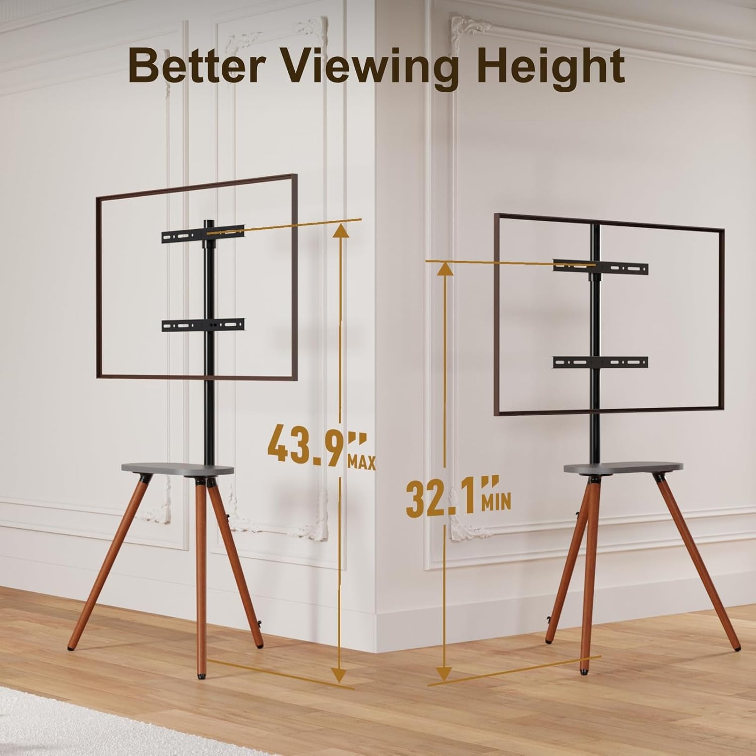 Tripod Easel TV Stand for 43 to 65 Inch LCD LED OLED Screen, Height Adjustable and Swievel TV Stand, Portable Corner TV Floor Stand with Wooden Tray, VESA 400X400Mm, Minimalist Black Walnut
