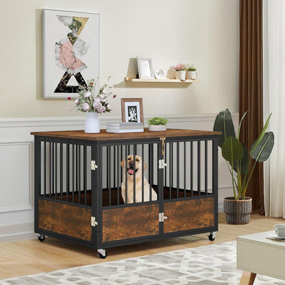 43" Dog Crate Furniture with Wheels, Wooden Side End Table, Double-Doors Dog Kennel Indoor for Small/Medium/Large Dogs, Escape Proof Dog House Dog Cage, Rustic Brown