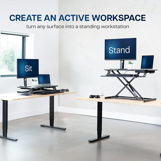Height Adjustable 32 Inch Stand up Desk Converter, Quick Sit to Stand Tabletop Dual Monitor Riser Workstation, Black, DESK-V000S