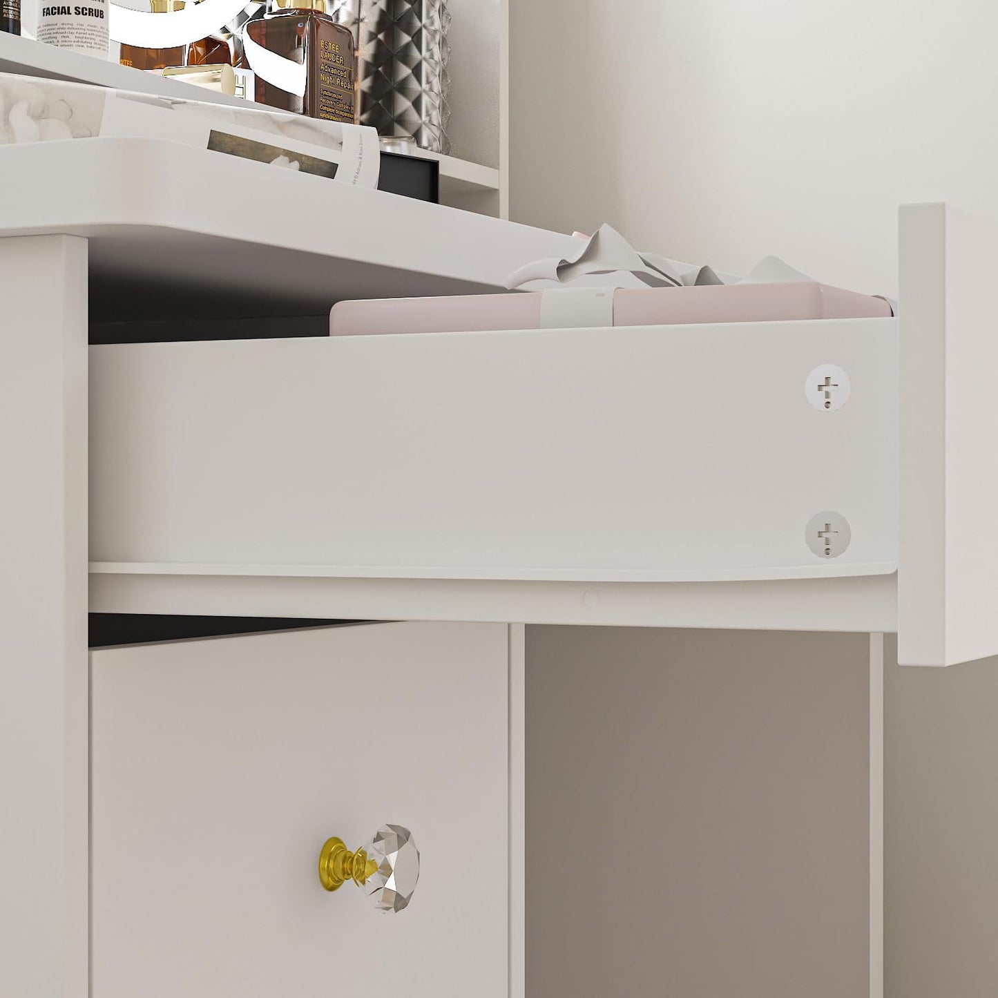 White Vanity Set with round Lighted Mirror, Makeup Vanity Dressing Table with 5 Drawers, Shelves, Dresser Desk and Cushioned Stool