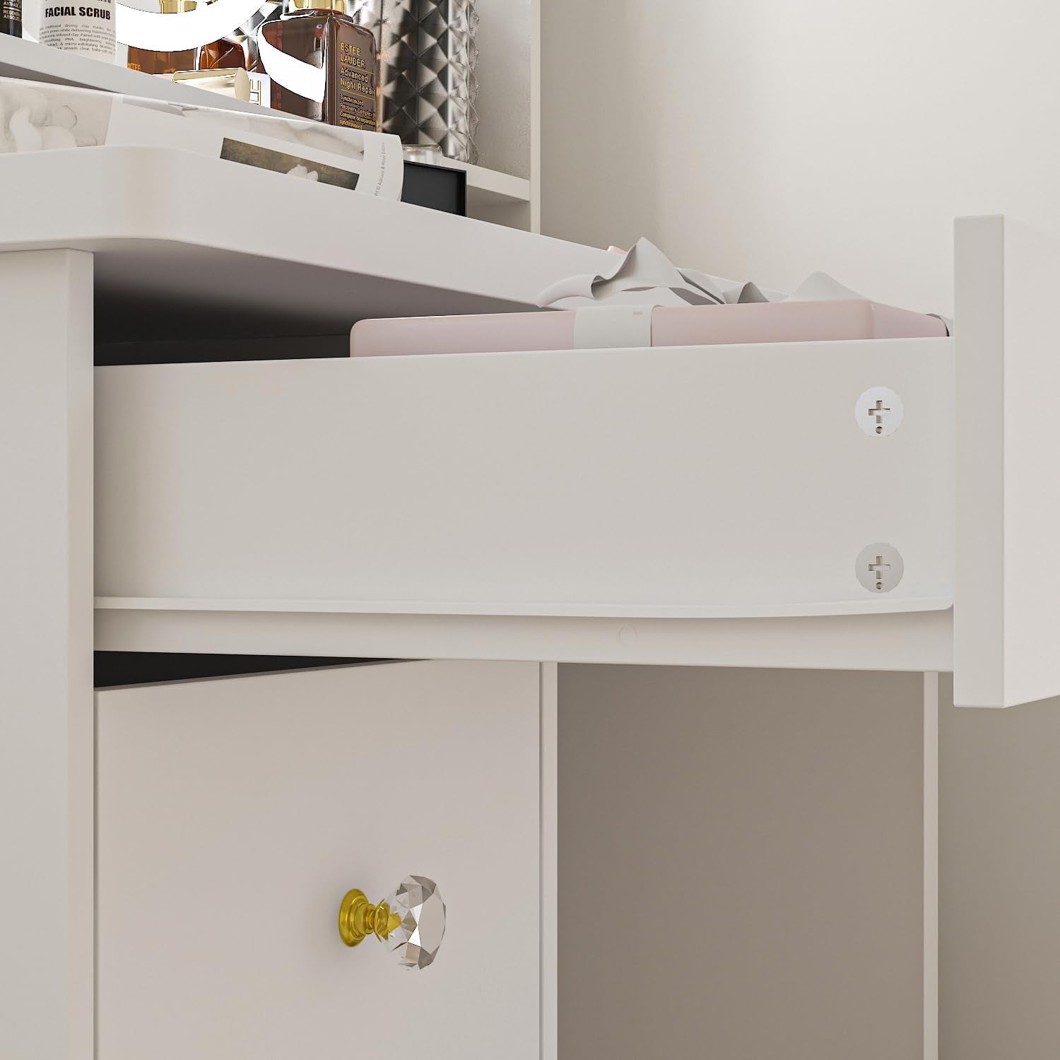 White Vanity Set with round Lighted Mirror, Makeup Vanity Dressing Table with 5 Drawers, Shelves, Dresser Desk and Cushioned Stool